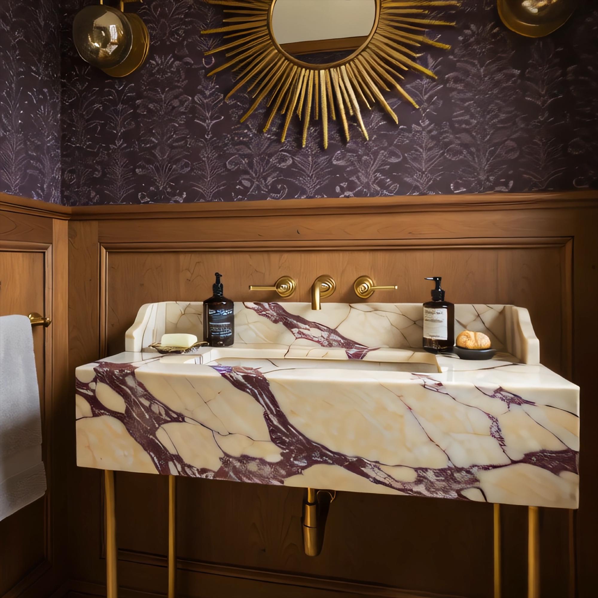Luxurious Calacatta Amber Viola stone sink with dramatic veining, mounted on a minimalist brass console frame