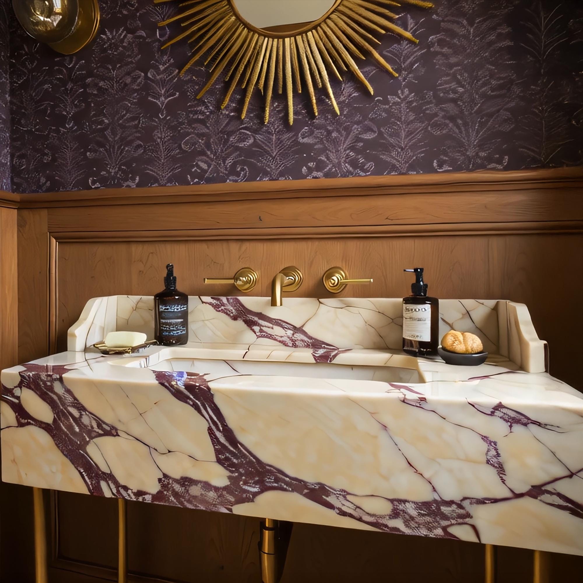 Elegant wall-mounted sink crafted from Calacatta Amber Viola marble, featuring brass legs and integrated backsplash
