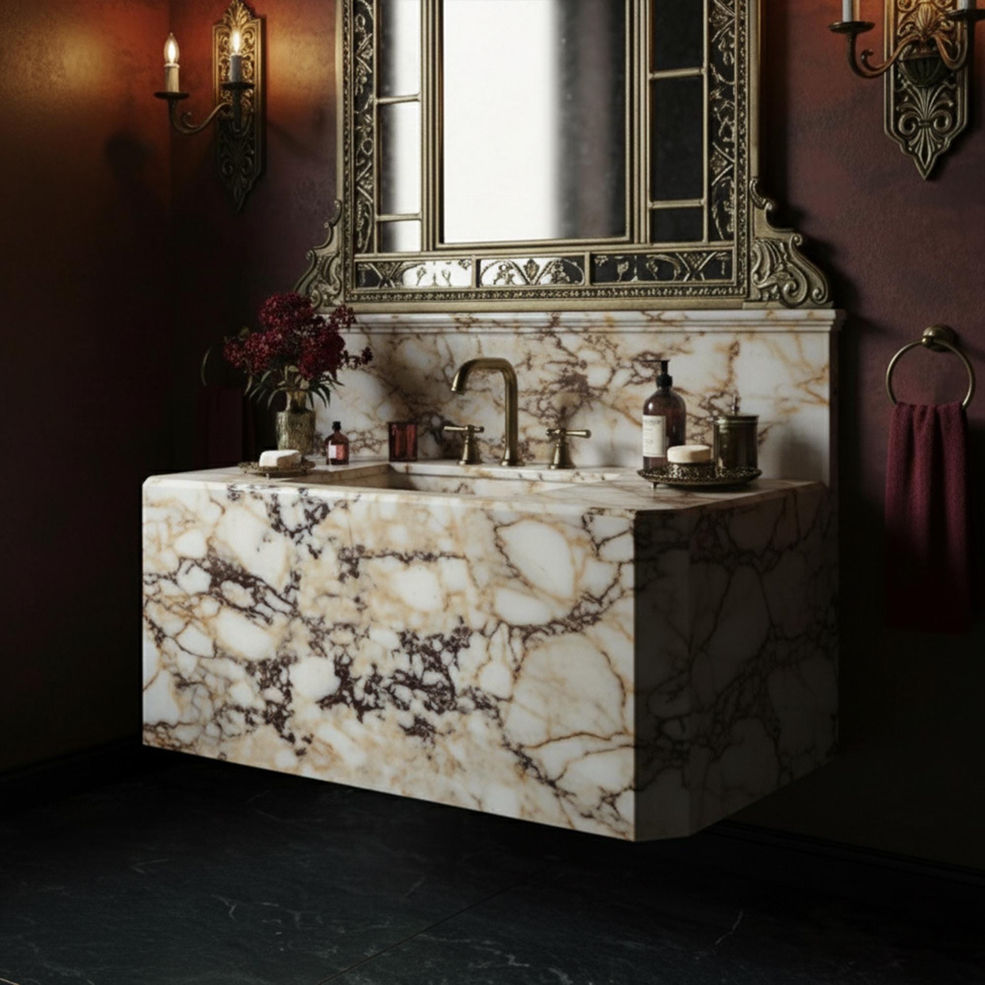 Elegant wall-mounted sink crafted from Calacatta Amber Viola marble featuring warm tones and bold veining