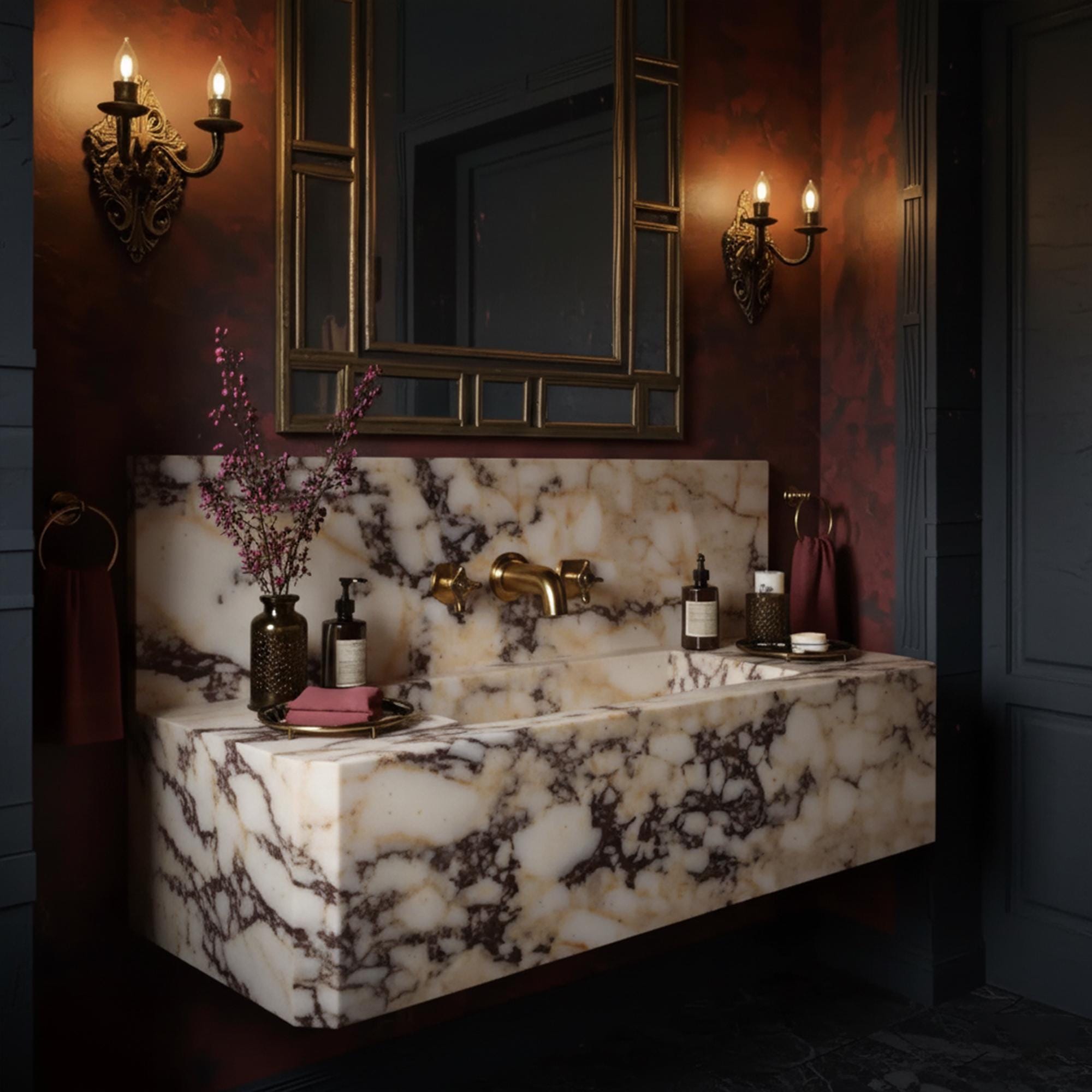 Wall-mounted sink in rich Calacatta Amber Viola marble featuring a seamless stone backsplash and warm tones