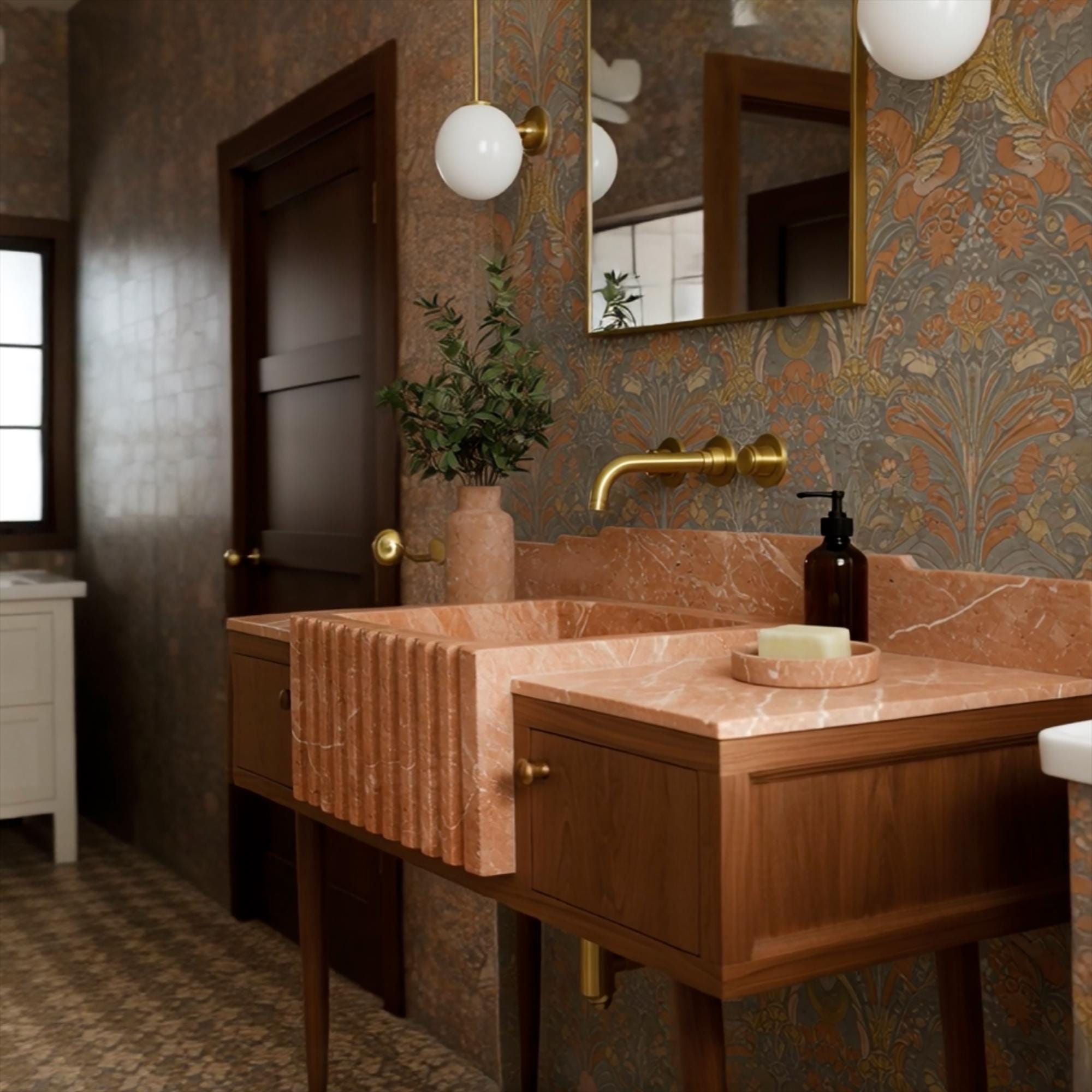 Apron front bathroom sink carved from pink marble, paired with wooden cabinetry and gold fixtures
