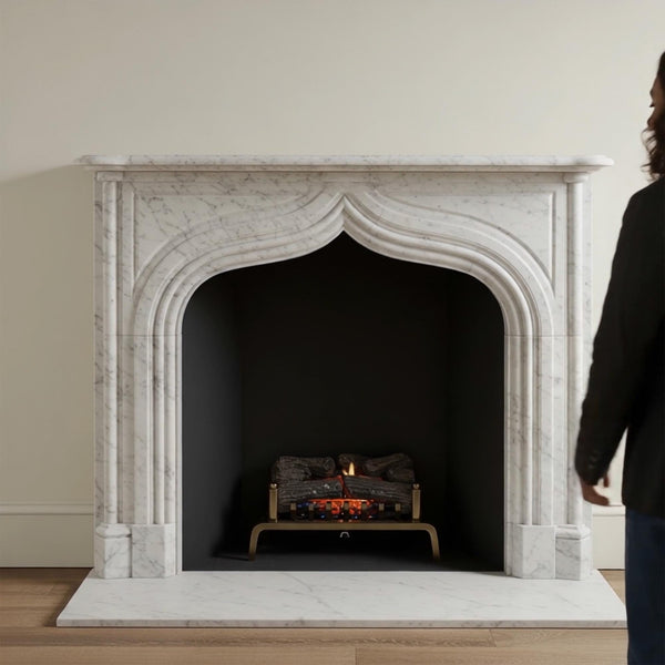 Handcrafted French Gothic White Marble Fireplace Mantel (Arched Custom Stone Surround) M7S009 hover