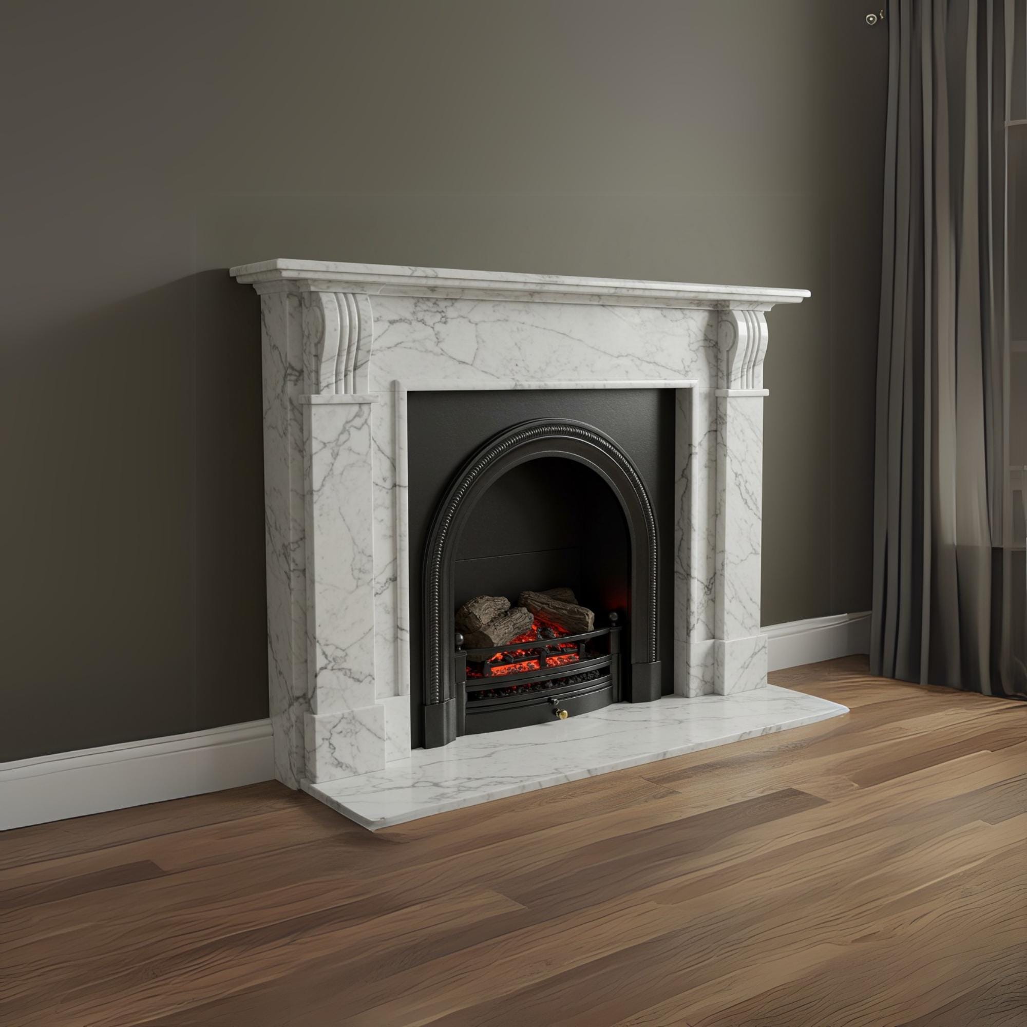 Custom white marble fireplace mantel featuring an elegant arched firebox and sculpted Calacatta Viola stone surround