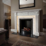 Aurora white marble fireplace mantel with fluted columns and integrated LED lighting for a warm, elegant ambiance