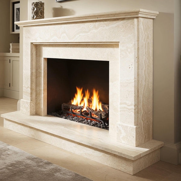 Handcrafted Cream Travertine Fireplace Mantel (Classic Custom Beige Marble Surround) M7S004 hover