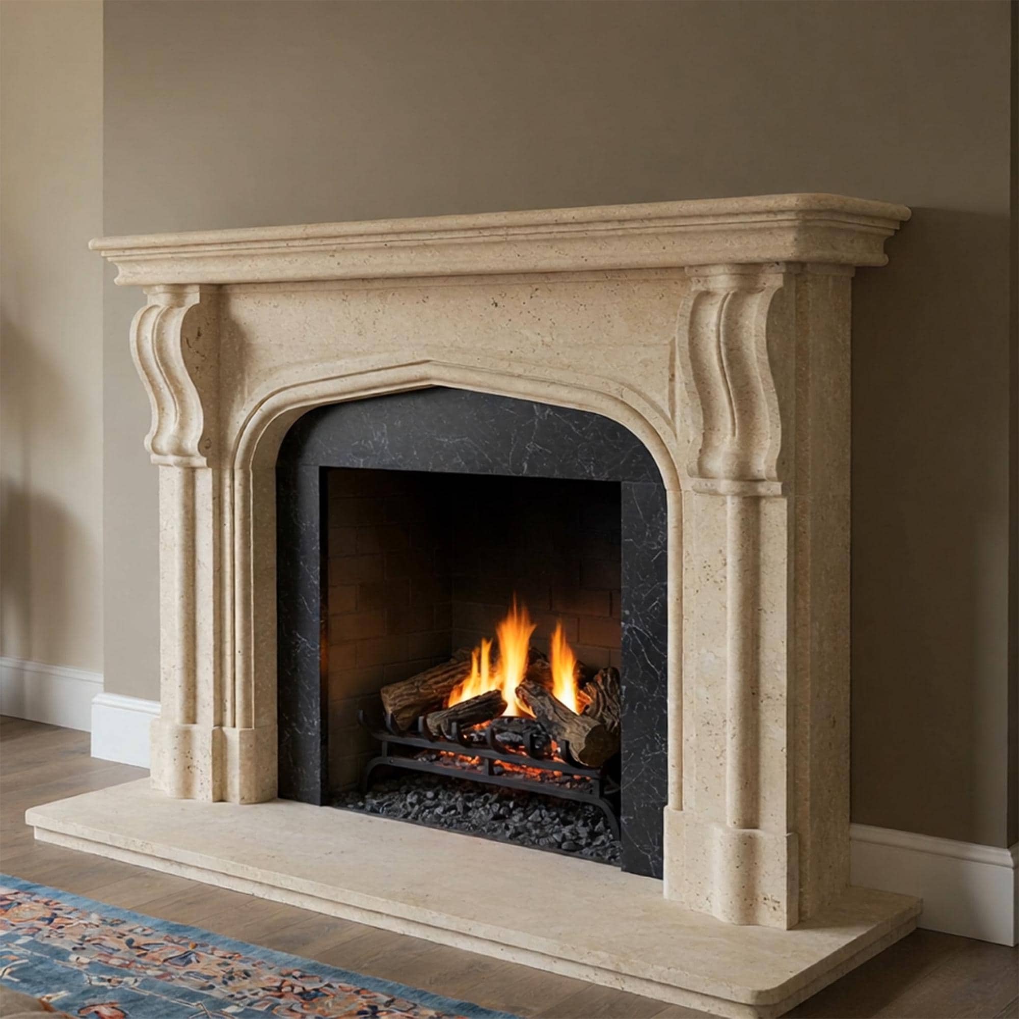 Handcrafted beige marble fireplace surround with a custom arched mantel design and elegant detailing