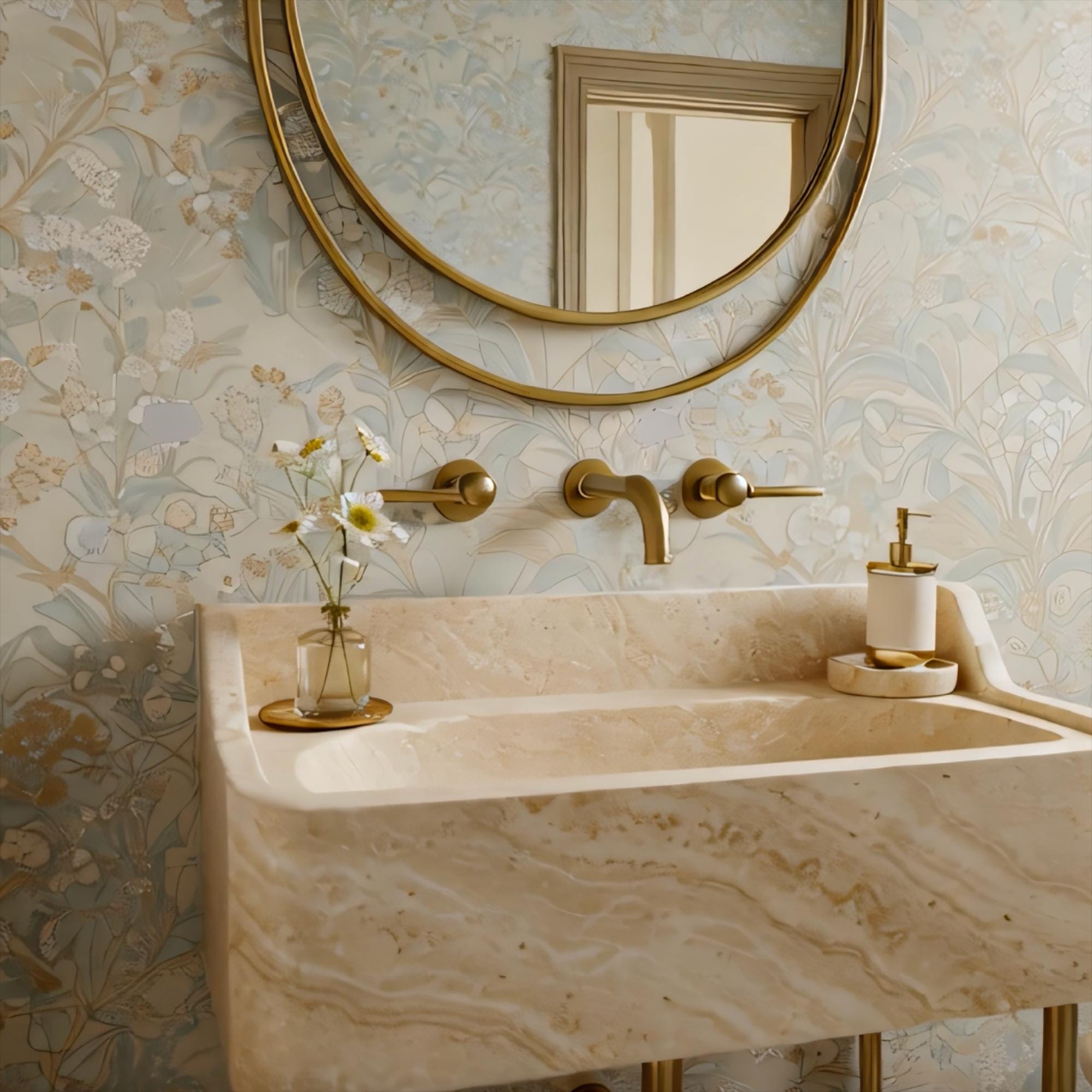 Hand-carved travertine marble vanity with gently curved edges and modern gold-toned support structure