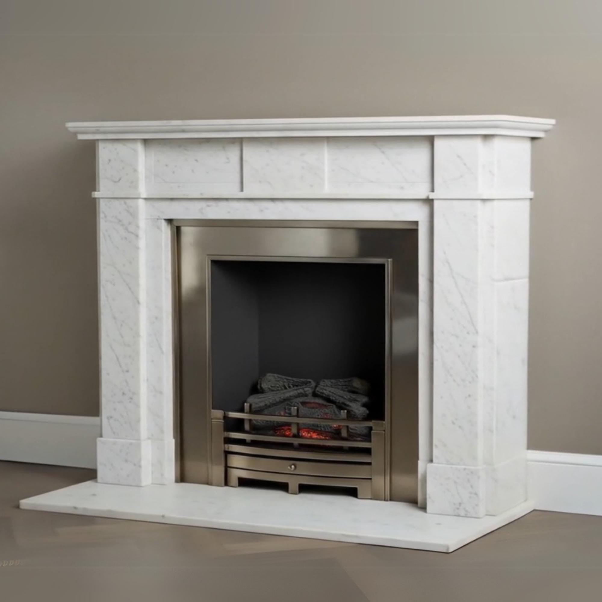 Bespoke Carrara marble fireplace with white stone surround and refined detailing
