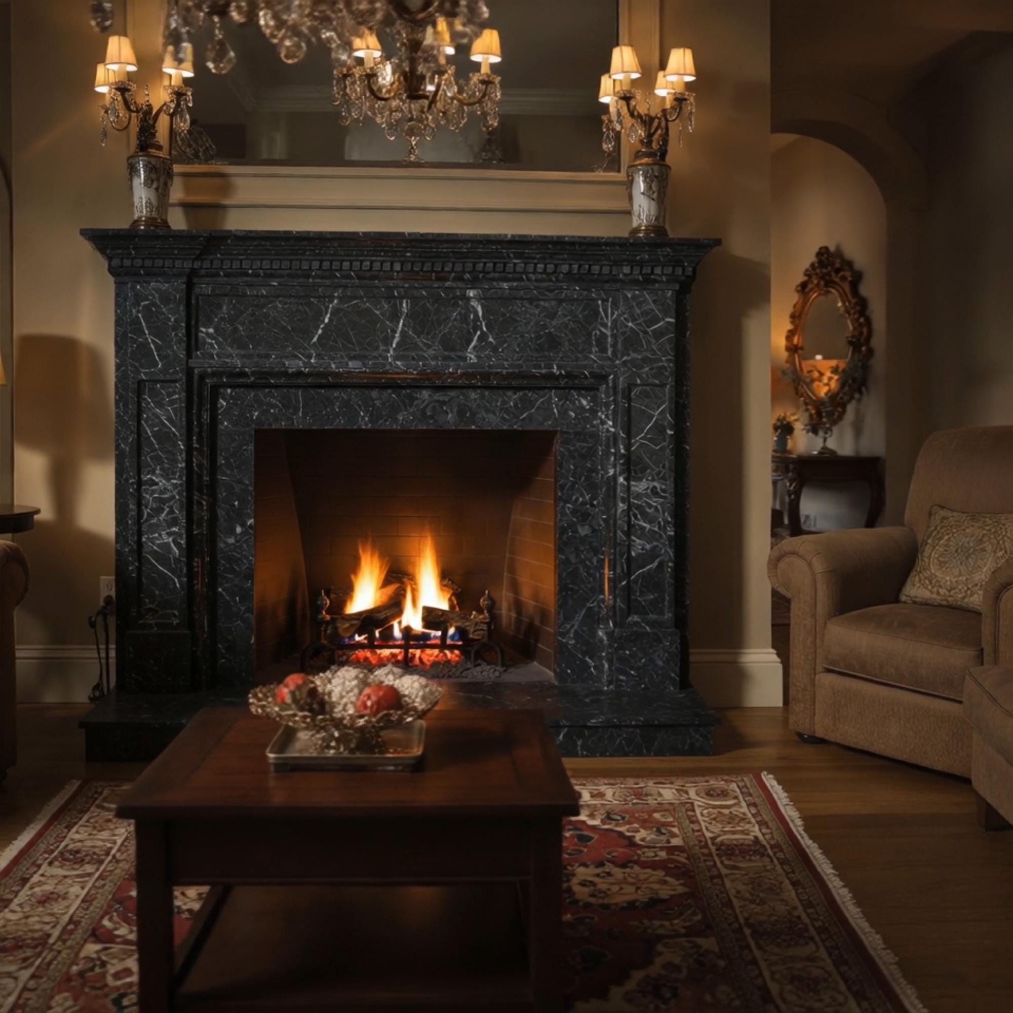 Timeless fireplace mantel in Pietre Notte black marble with luxurious veining and ornate silhouette