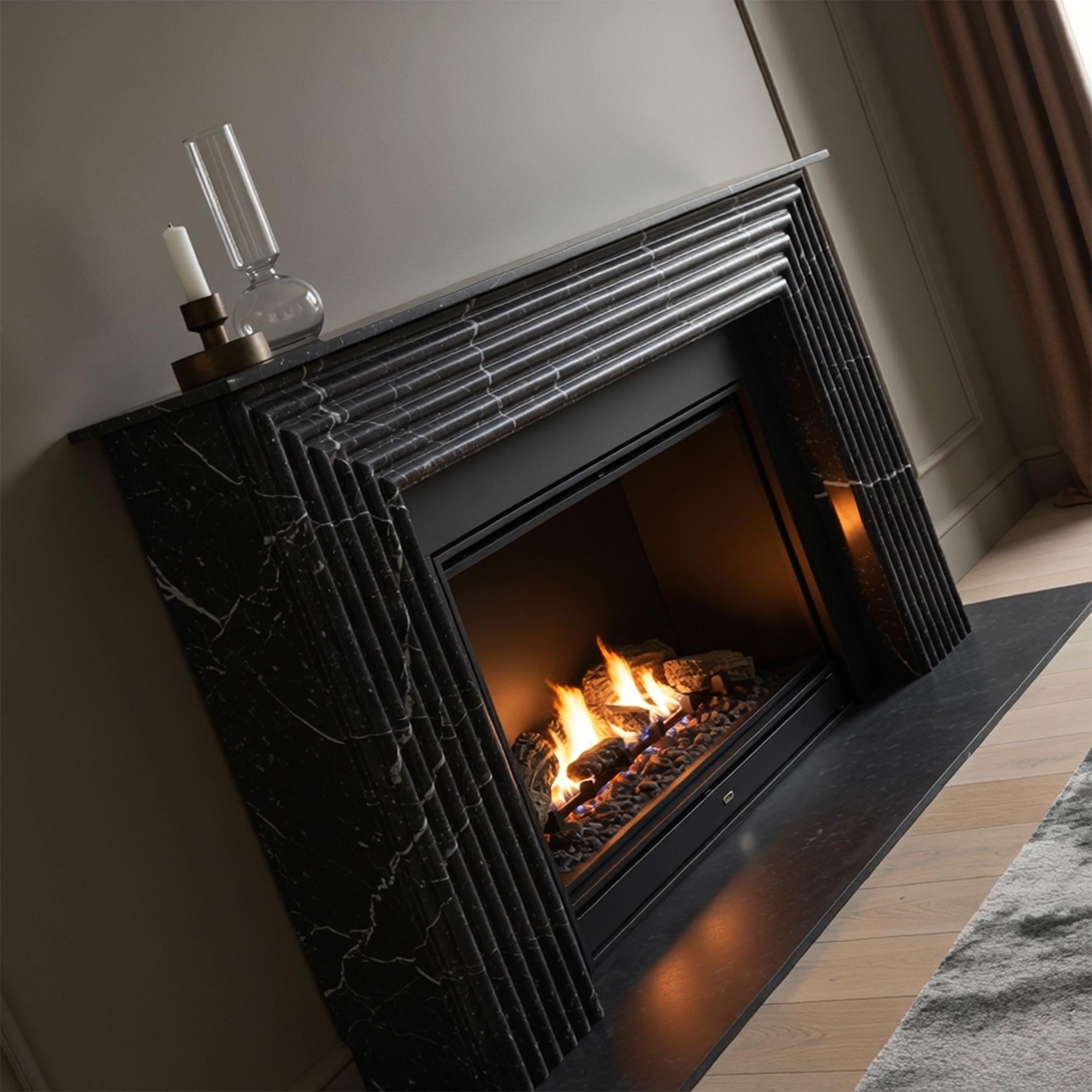 Striking black marble fireplace with bold fluted lines and refined Art Deco character