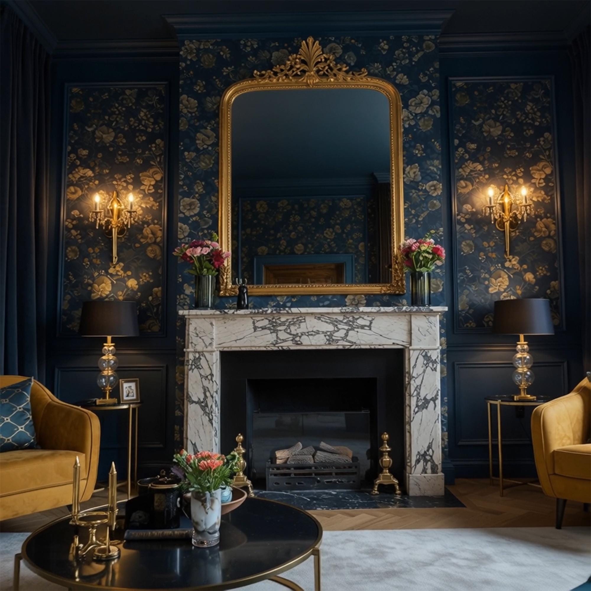 High-contrast veining of Calacatta Viola marble elevates this fireplace in a classically furnished living space
