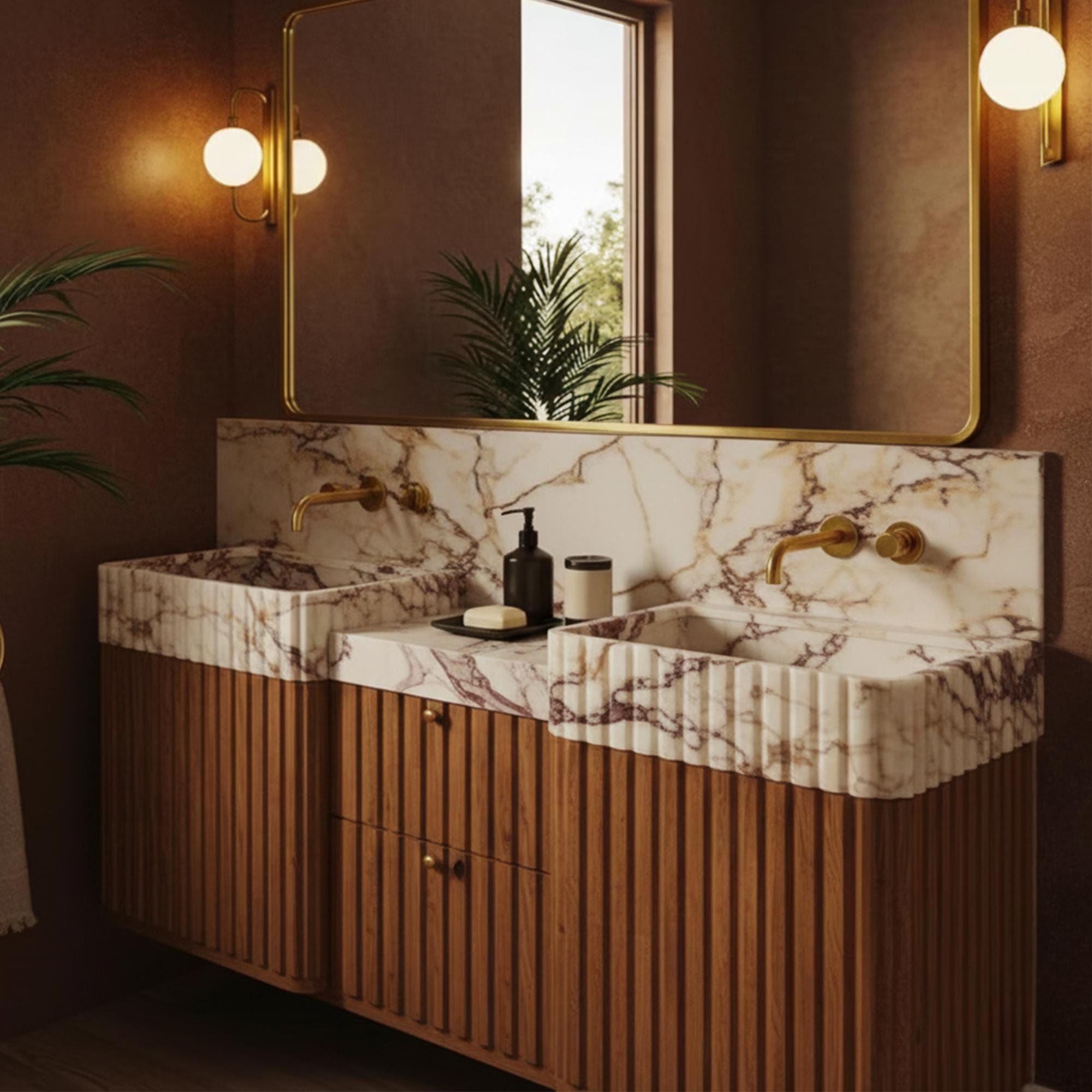 Custom walnut double vanity with fluted Calacatta Amber Viola marble sinks and backsplash