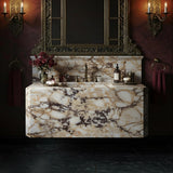 Floating Calacatta Amber Viola marble sink with integrated backsplash and rich golden-purple veining