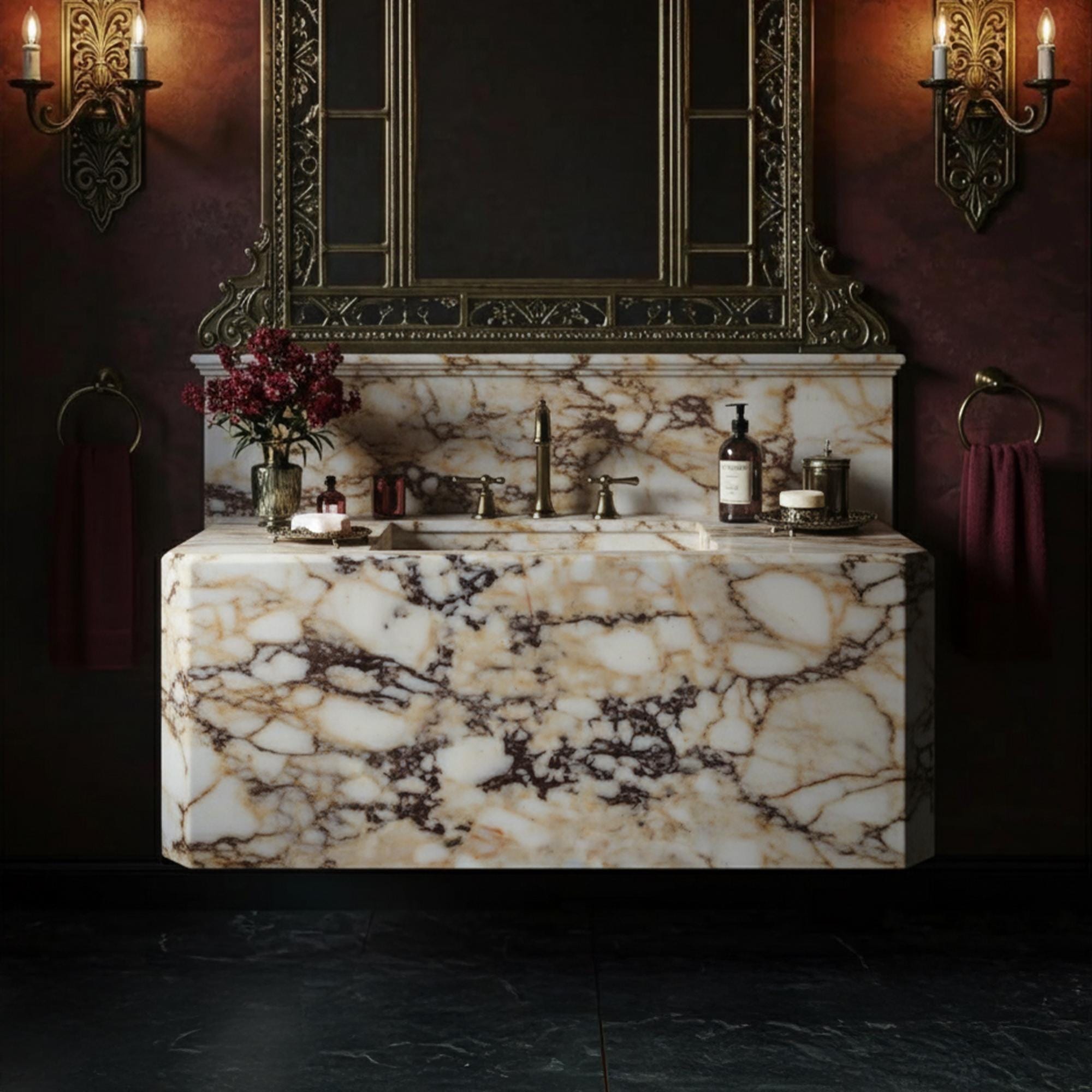 Floating Calacatta Amber Viola marble sink with integrated backsplash and rich golden-purple veining
