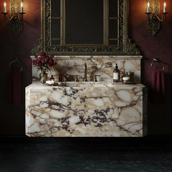 Calacatta Amber Viola Marble Floating Sink (Integrated Backsplash & Hand-Carved Stone) M7S008