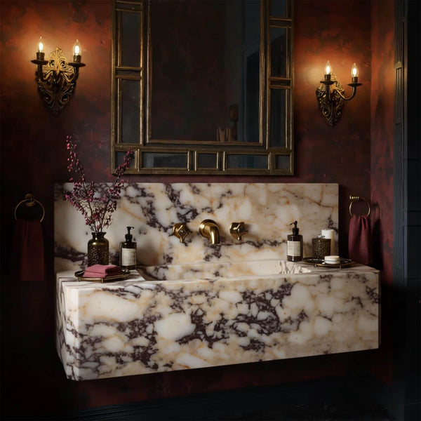 Calacatta Amber Viola Marble Floating Sink (Integrated Backsplash & Hand-Carved Stone) M7S21