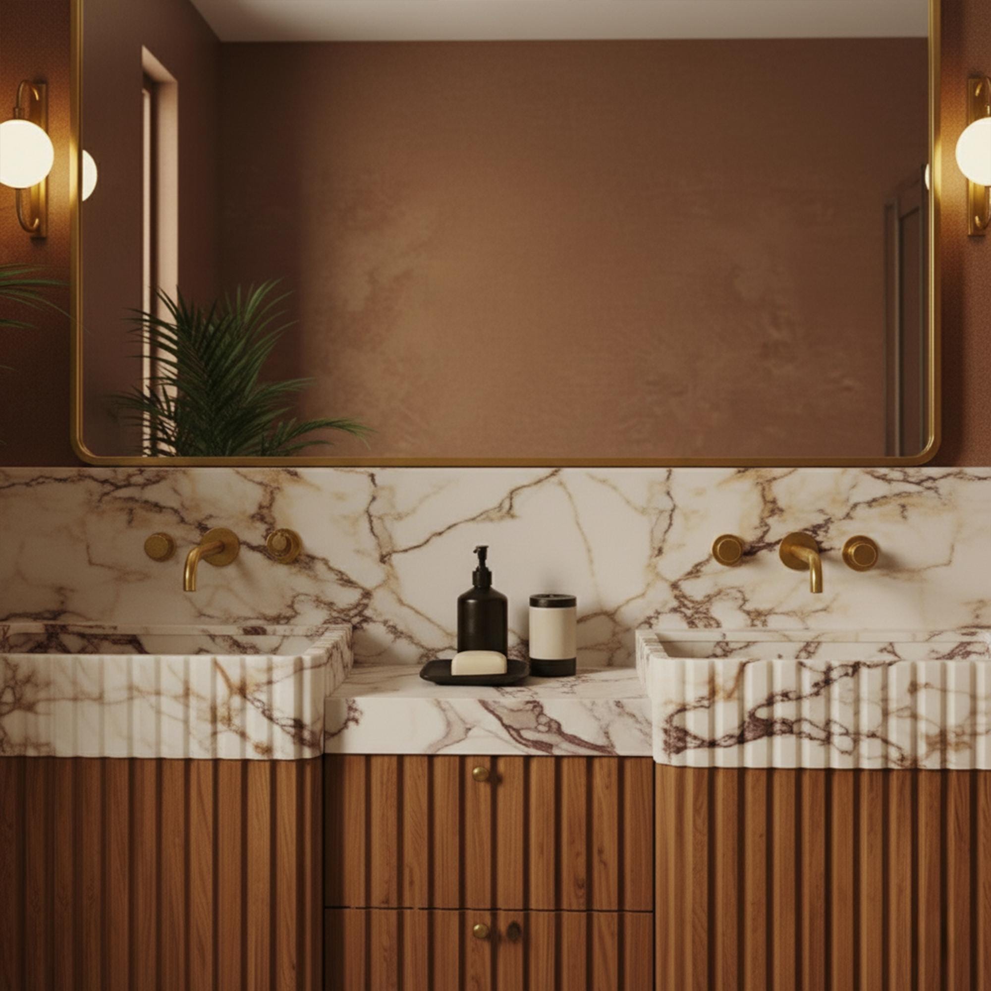 Luxury bathroom vanity with hand-carved Calacatta marble sinks and integrated fluted apron design