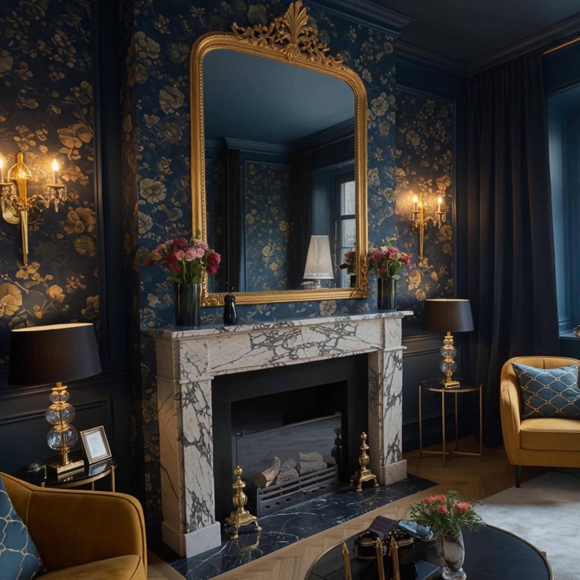 Striking Calacatta Viola marble mantel paired with a black stone hearth, framed by opulent decor
