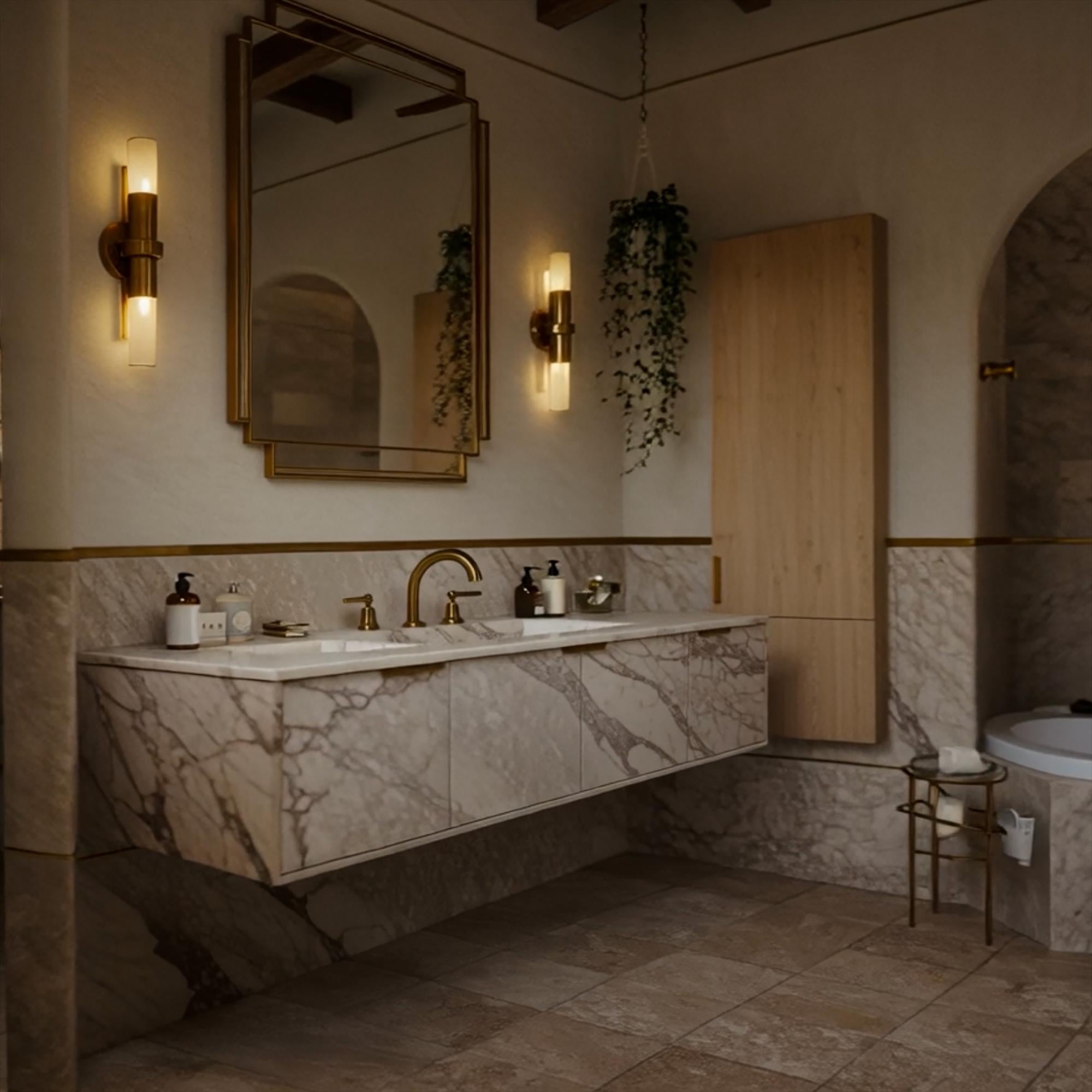 Calacatta Monet wall-mounted vanity with a sculpted seamless marble basin and storage drawers