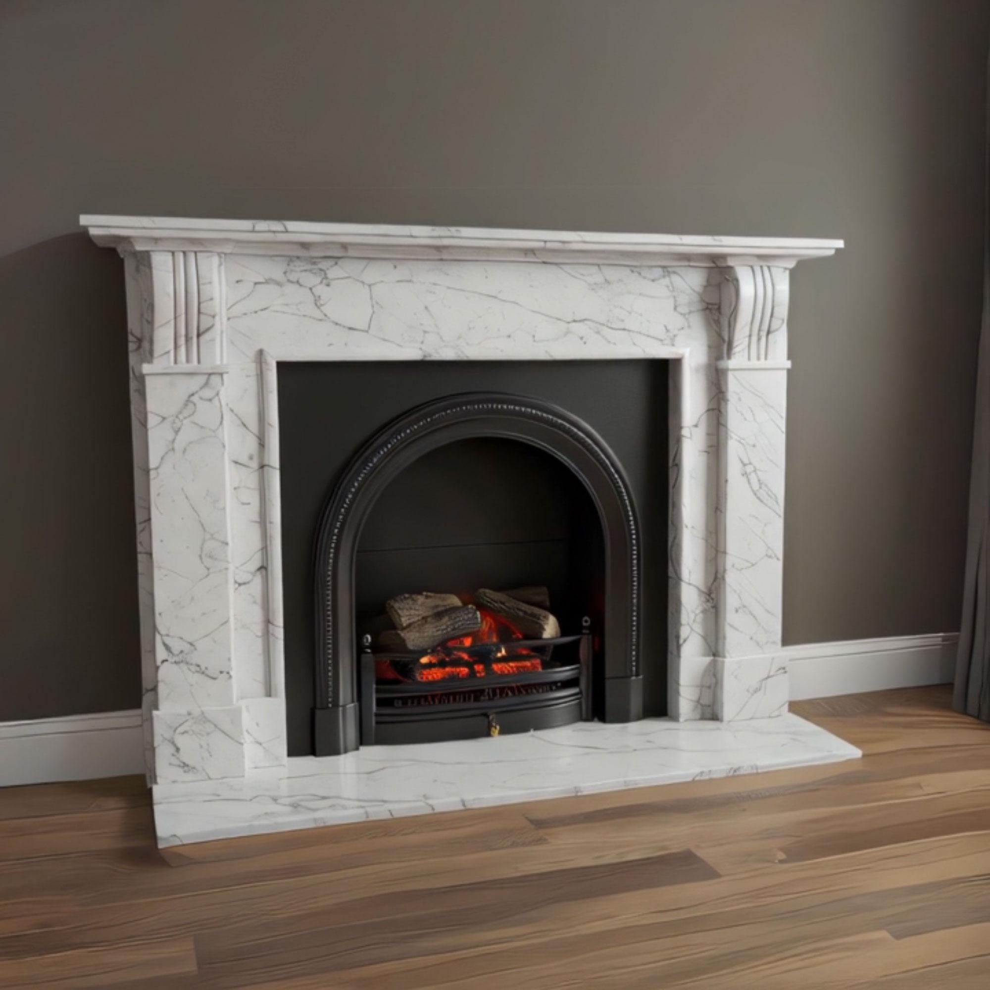 Handcrafted Calacatta Viola marble mantel with decorative columns and a graceful arched opening