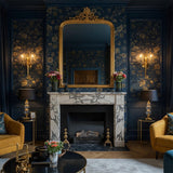 Handcrafted fireplace mantel made from dramatic Calacatta Viola marble with rich veining and timeless stone detailing