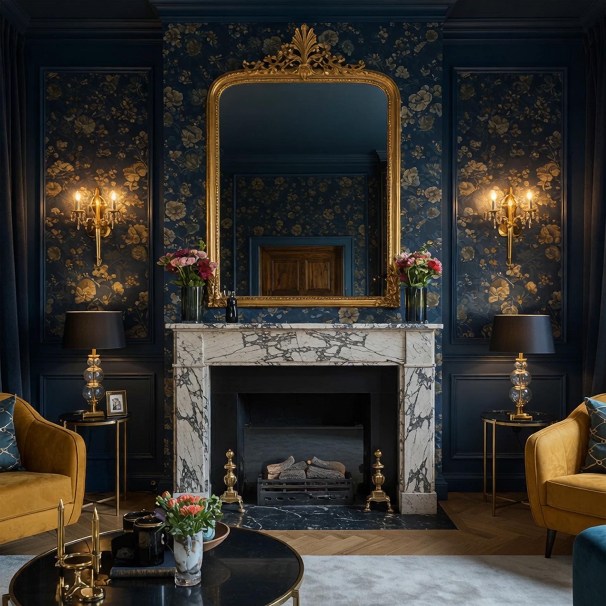 Handcrafted fireplace mantel made from dramatic Calacatta Viola marble with rich veining and timeless stone detailing