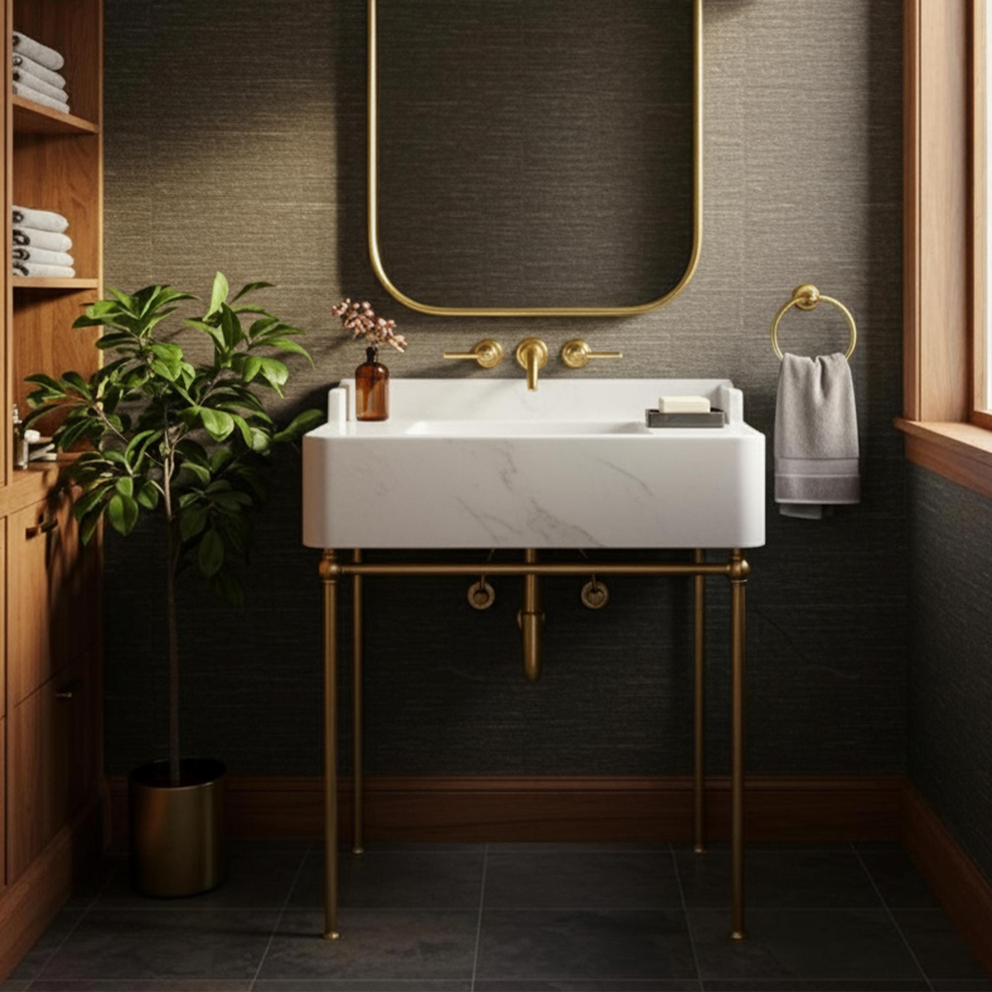 Carrara marble fluted sink with vintage-style brass console vanity and wall-mounted faucet