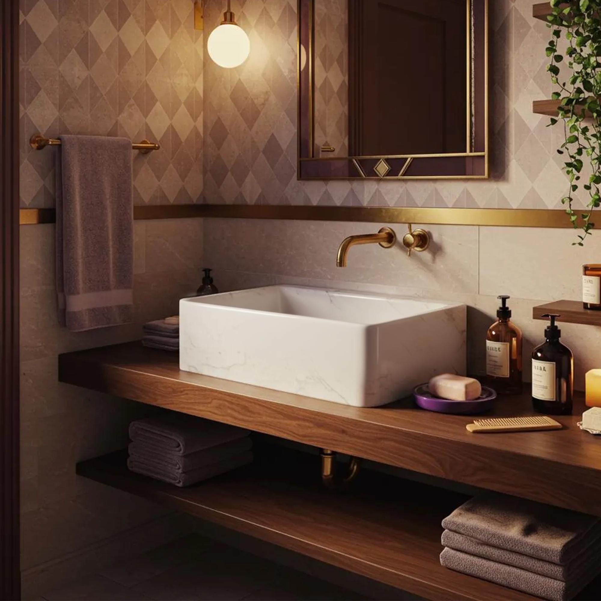 Carrara marble vessel sink with rounded square design on wooden vanity and brass wall tap