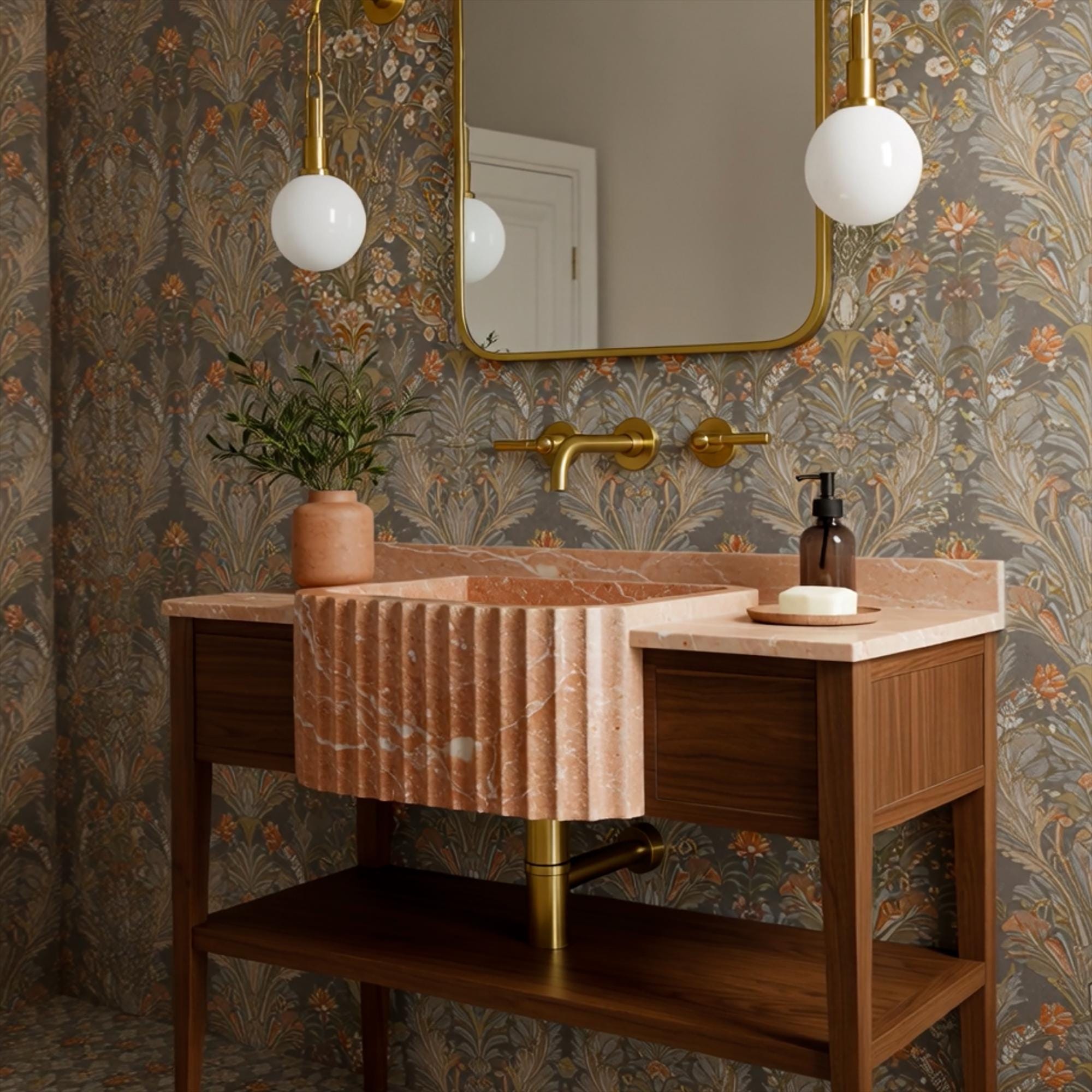 Luxury fluted pink marble sink with apron front mounted on classic wood vanity with open shelving