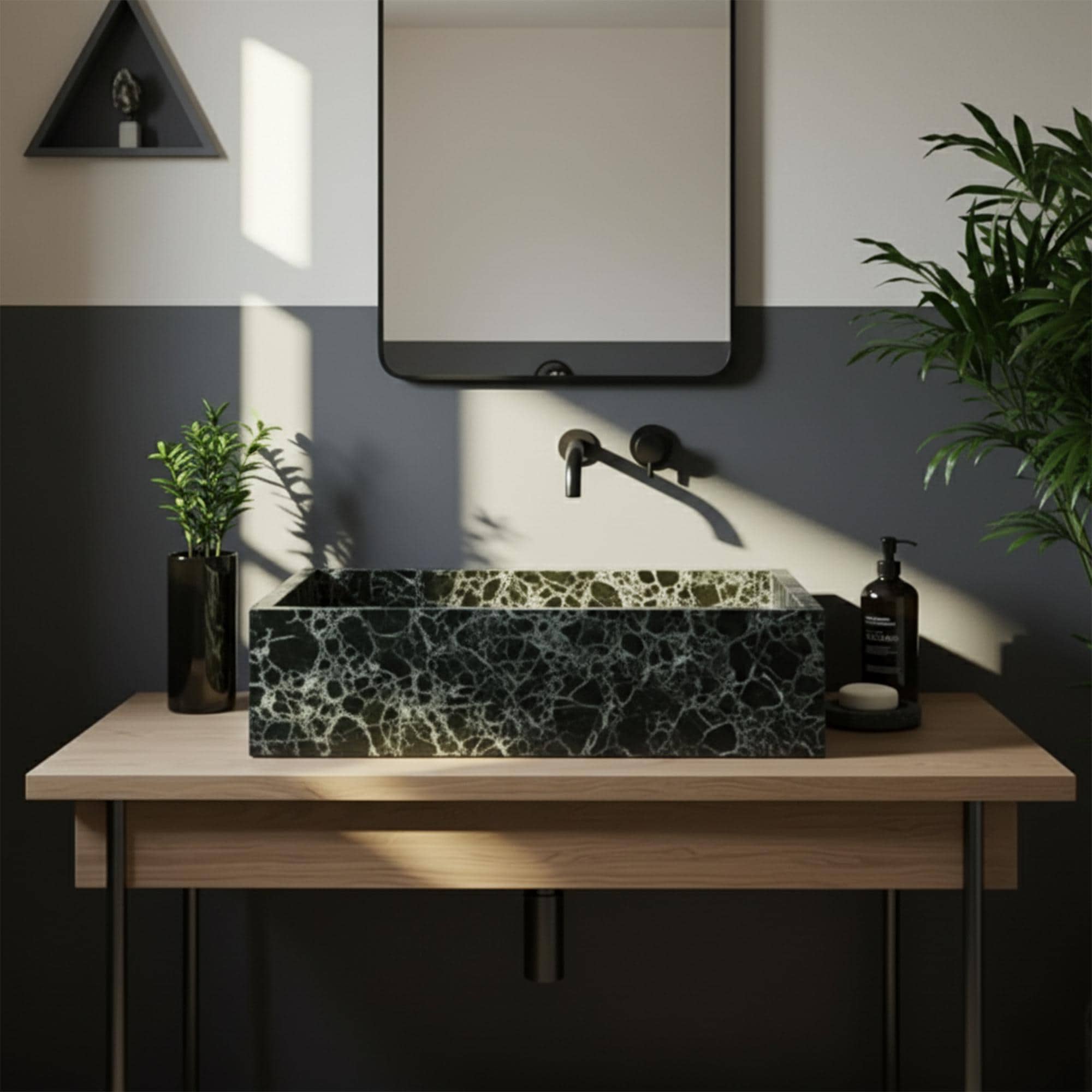 Elegant cherry-toned marble basin crafted from Rosso Levanto stone resting on a contemporary wooden vanity setup