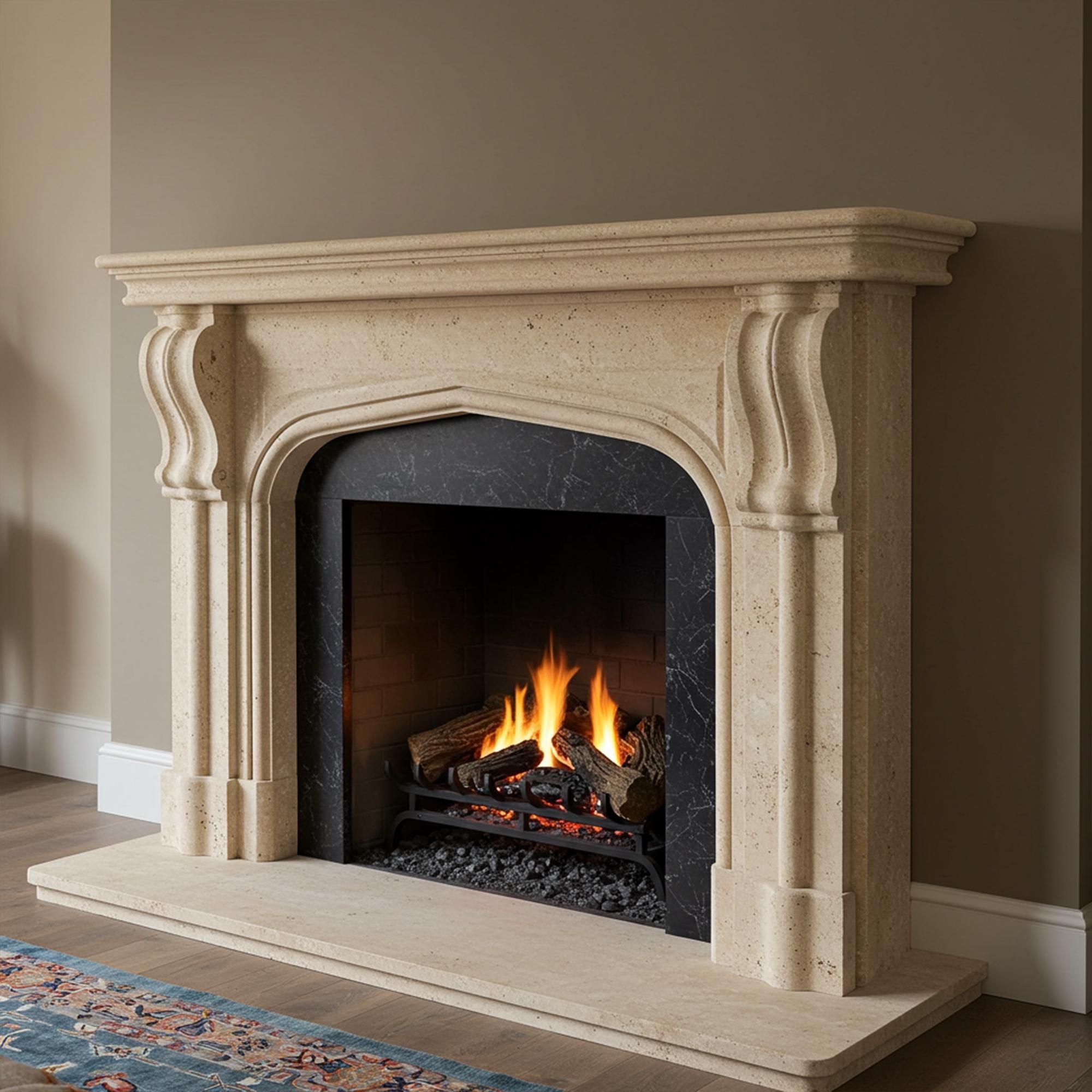 Classic fireplace surround in beige marble featuring hand-carved arches and sculptural lines