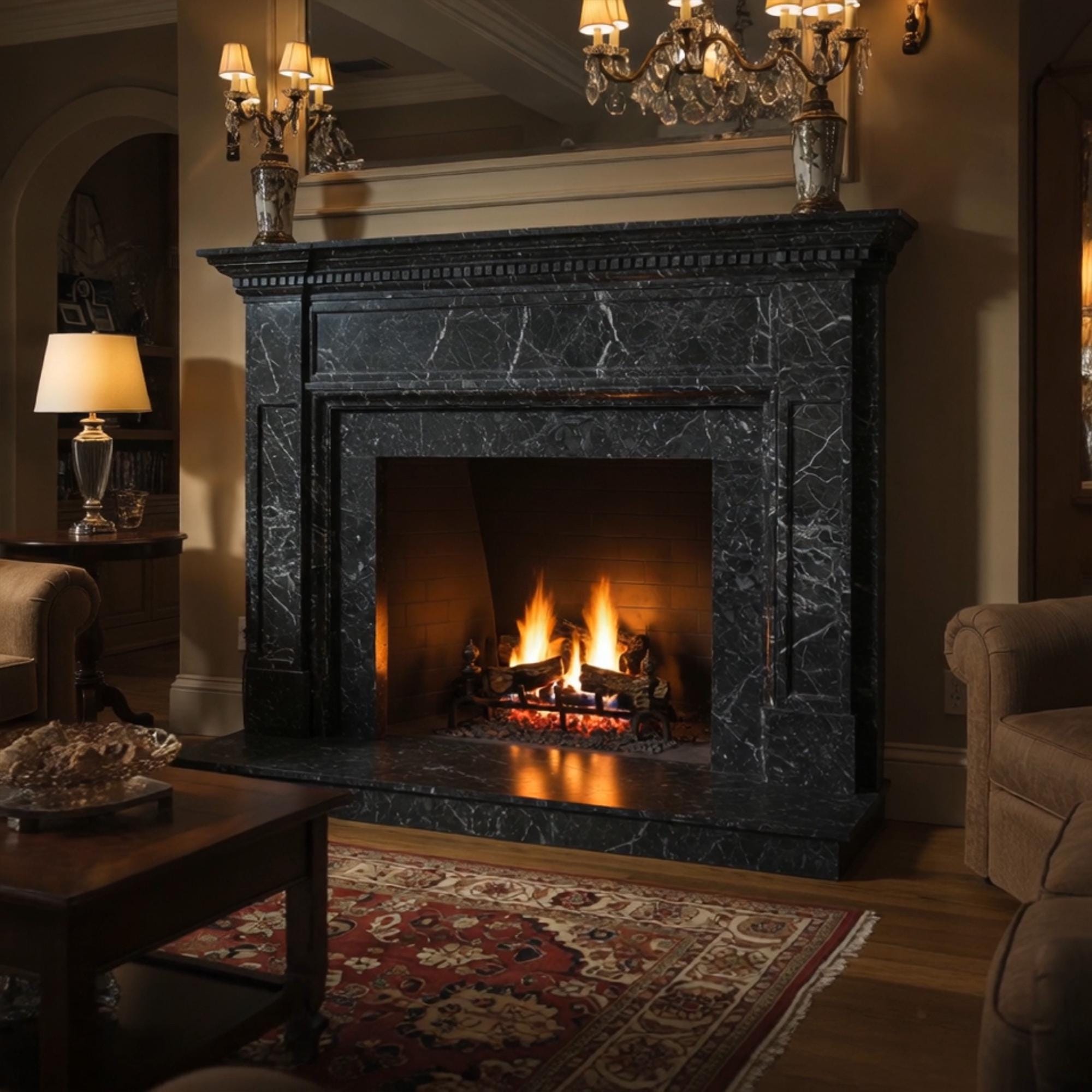 Traditional fireplace mantel crafted from Pietre Notte marble with deep veining and refined edges