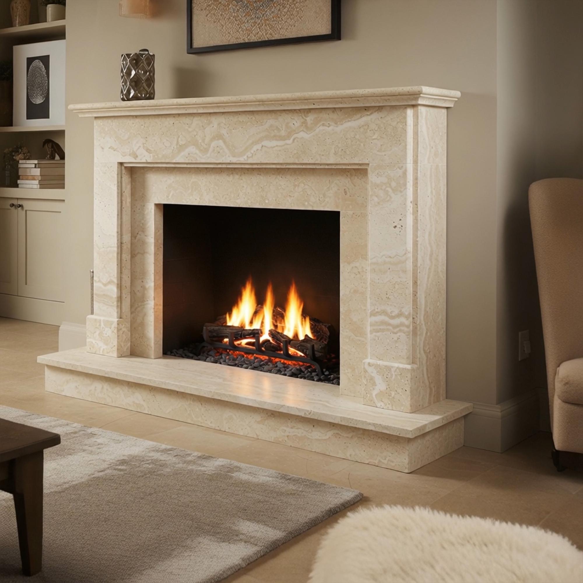 Handcrafted fireplace mantel made from cream travertine with clean lines and a timeless classic profile
