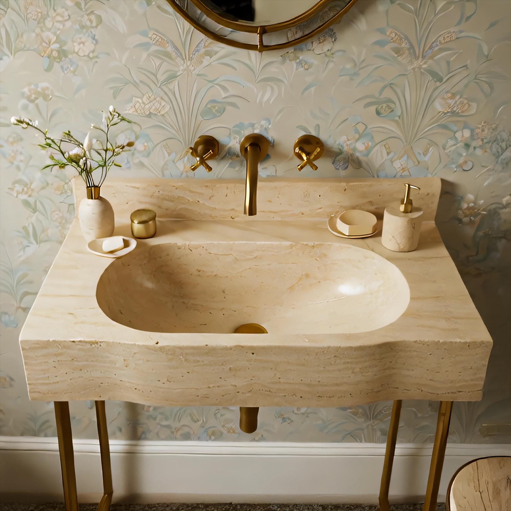Custom travertine sink with smooth oval basin and sculpted apron design, complemented by gold wall-mounted faucet and legs