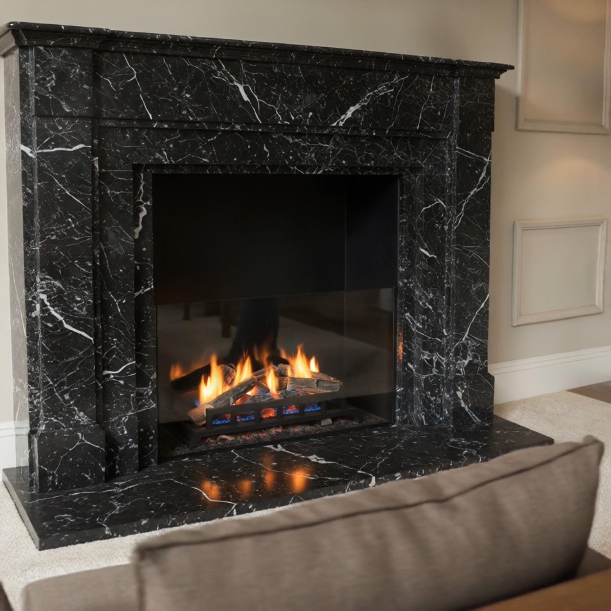 Custom handcrafted fireplace mantel in black marble, blending elegance with classic architectural styling