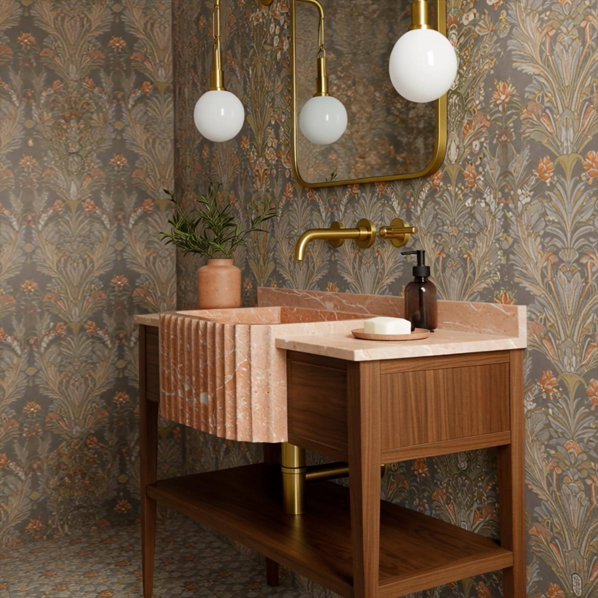 Bespoke bathroom console featuring hand-carved fluted marble basin and rich wooden cabinetry