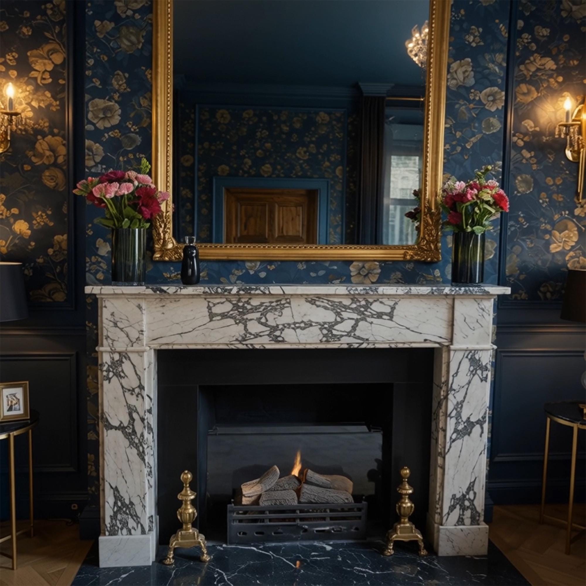 Custom-crafted fireplace mantel built from Calacatta Viola marble, blending classical and contemporary design elements