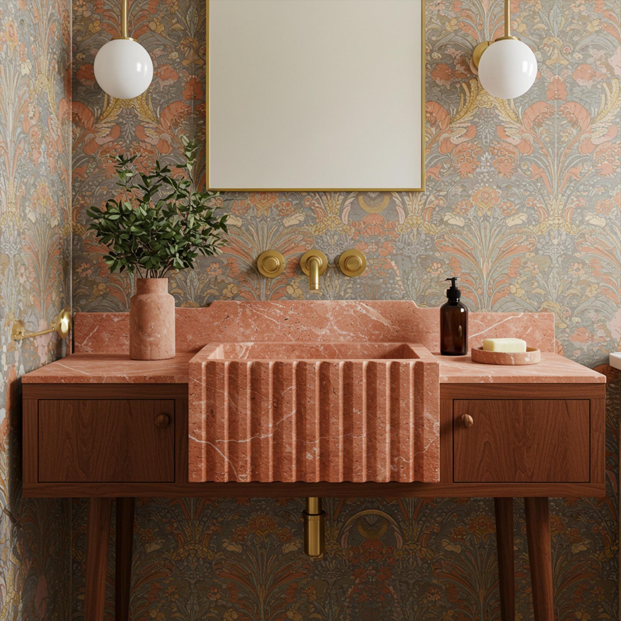 Custom-designed pink marble bathroom sink with carved fluted apron and integrated wooden storage vanity