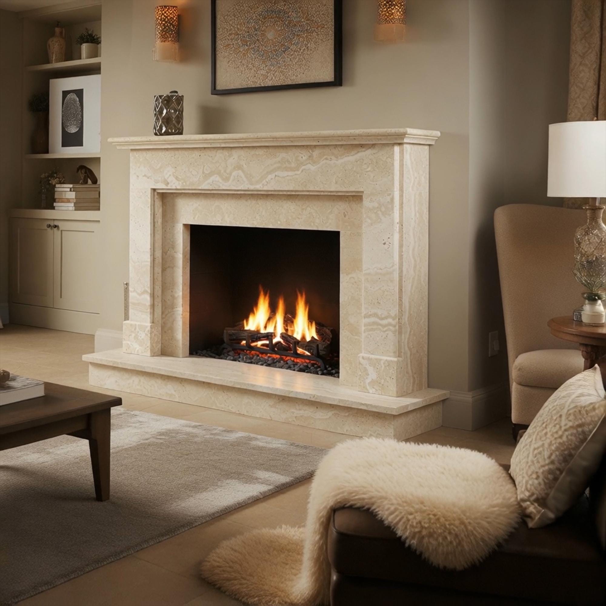 Custom-designed fireplace mantel crafted in soft cream travertine, perfect for traditional or transitional interiors