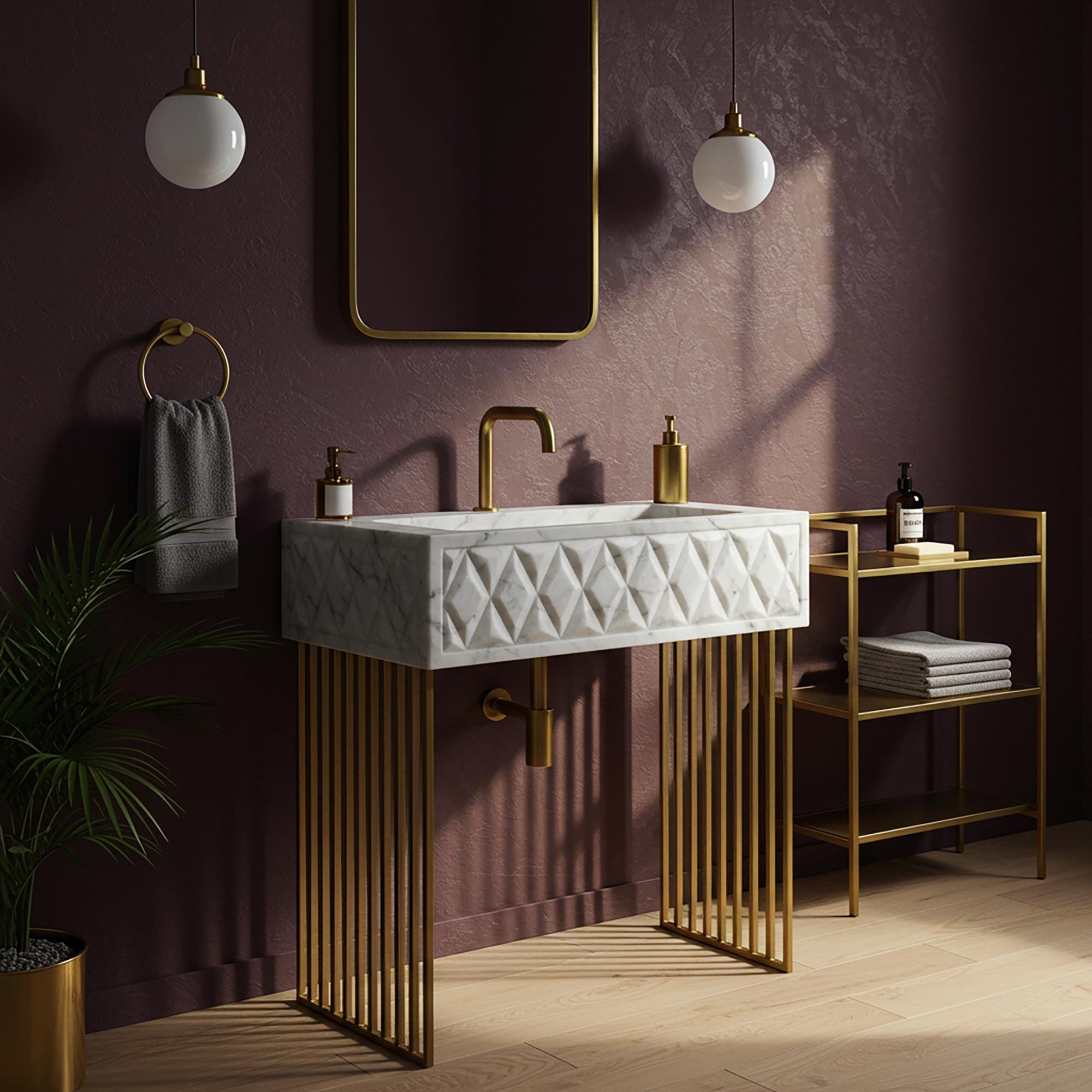 Elegant Carrara marble console sink with geometric faceted design and gold metal stand in a modern luxury bathroom