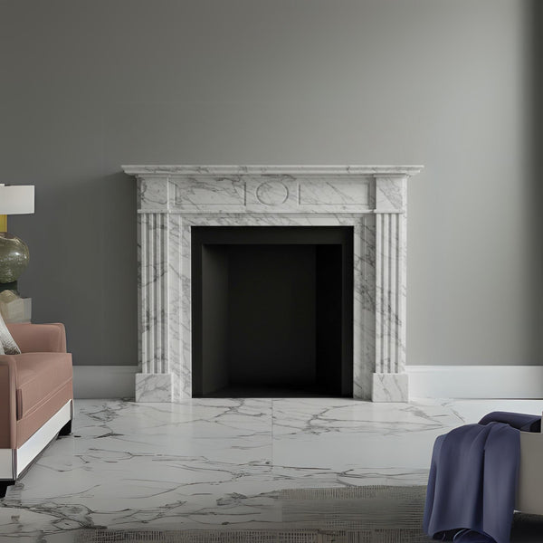Monarch White Marble Fireplace Mantel (Hand-Carved Fluted Classic Stone Surround) M7S40 hover