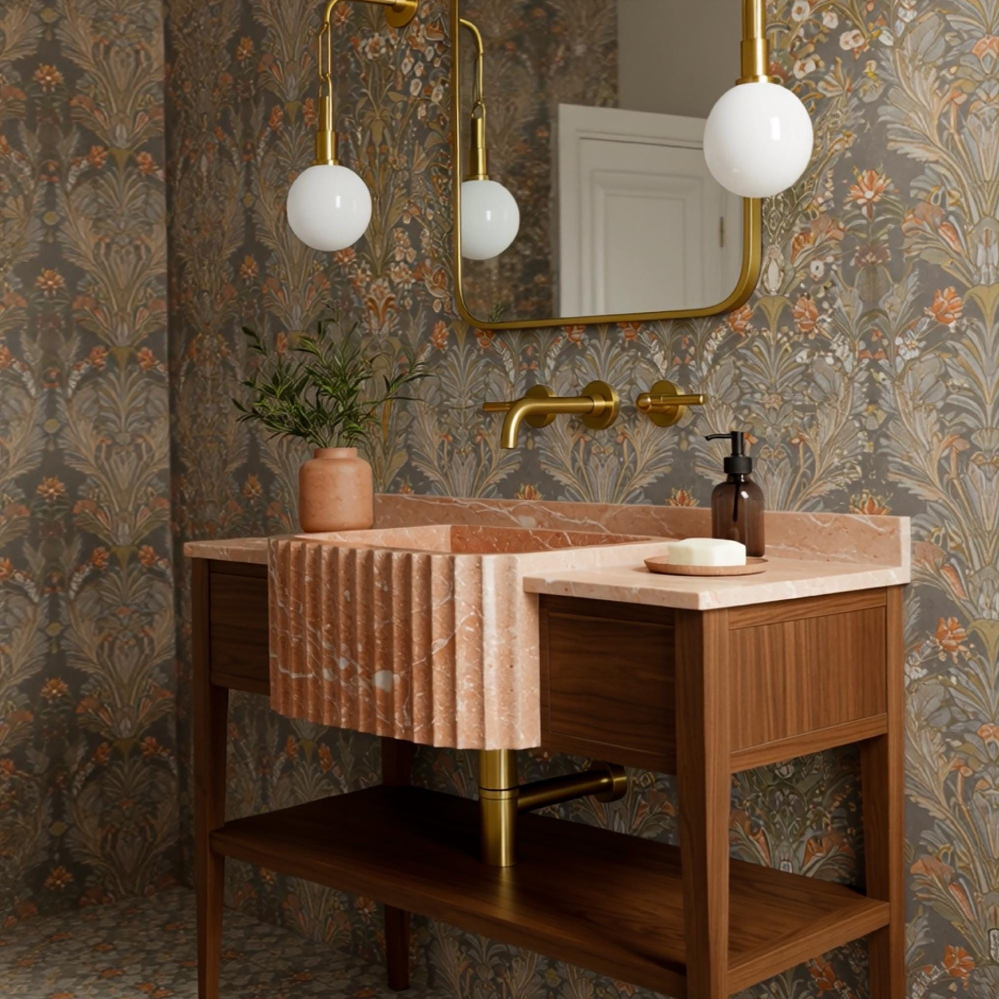 Integrated fluted apron marble basin in a traditional console sink with brass and wood detailing