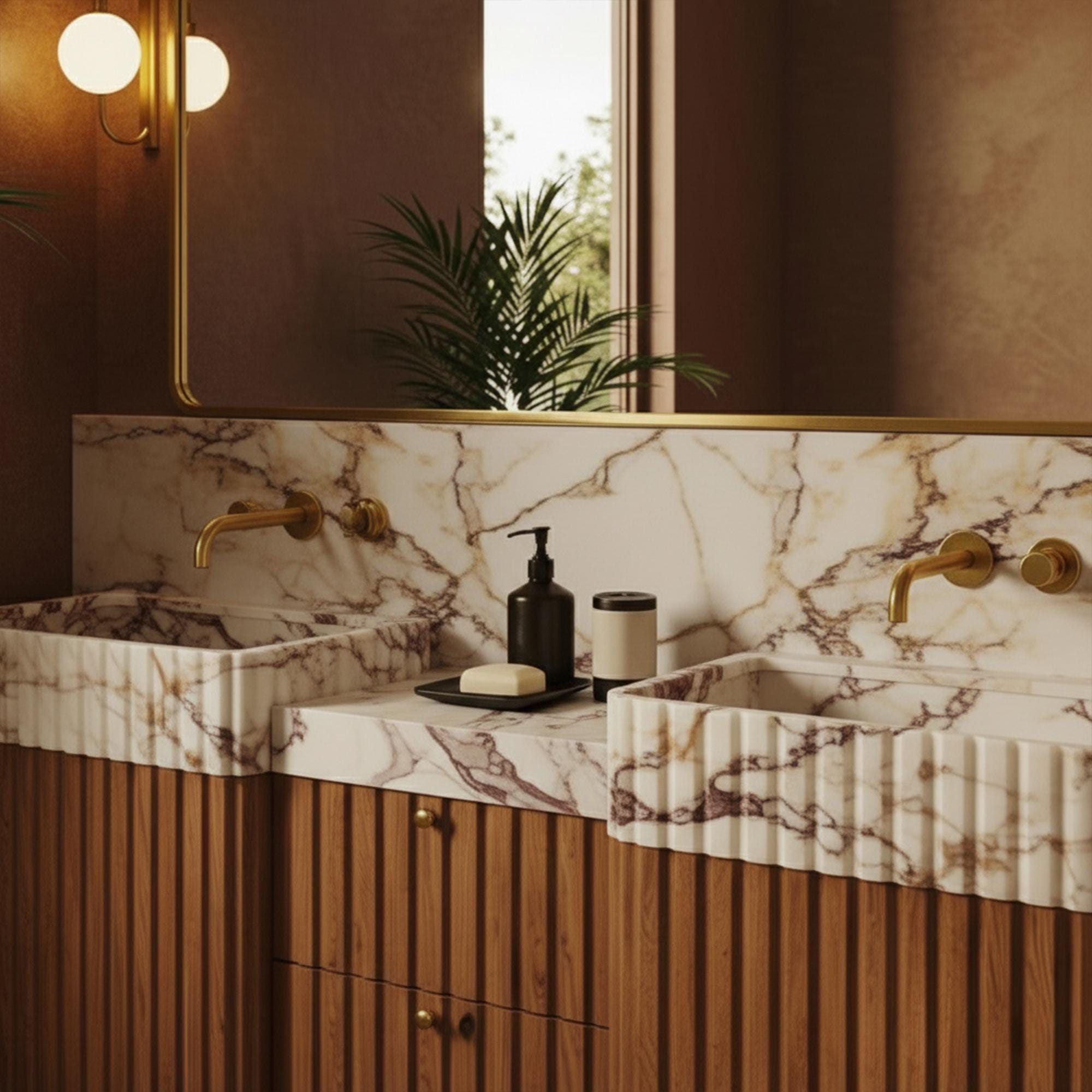 Elegant fluted double sink in Calacatta Amber Viola marble on walnut wood vanity with brass fixtures