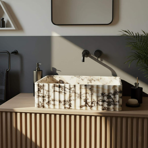 Calacatta Amber Viola Fluted Marble Vessel Sink (Hand-Carved Natural Stone Bathroom Basin) M7F28 hover