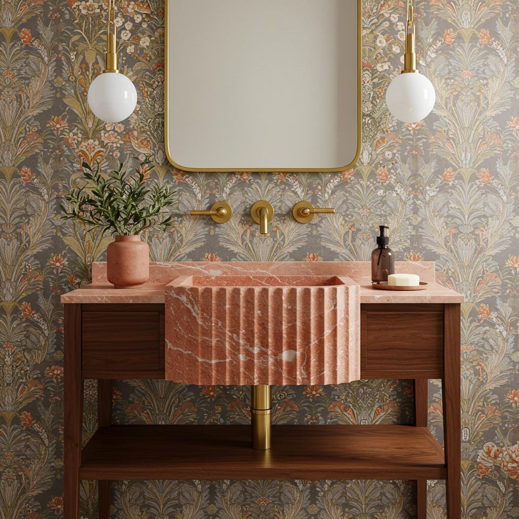 Hand-carved rose-toned marble sink with fluted apron design and integrated wood vanity base