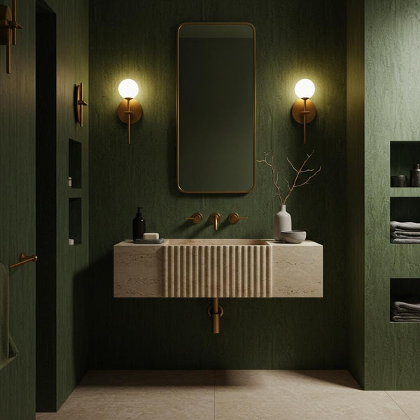 Hand-Carved Fluted Travertine Floating Sink (Wall-Mounted Natural Stone Console Vanity) M7S015