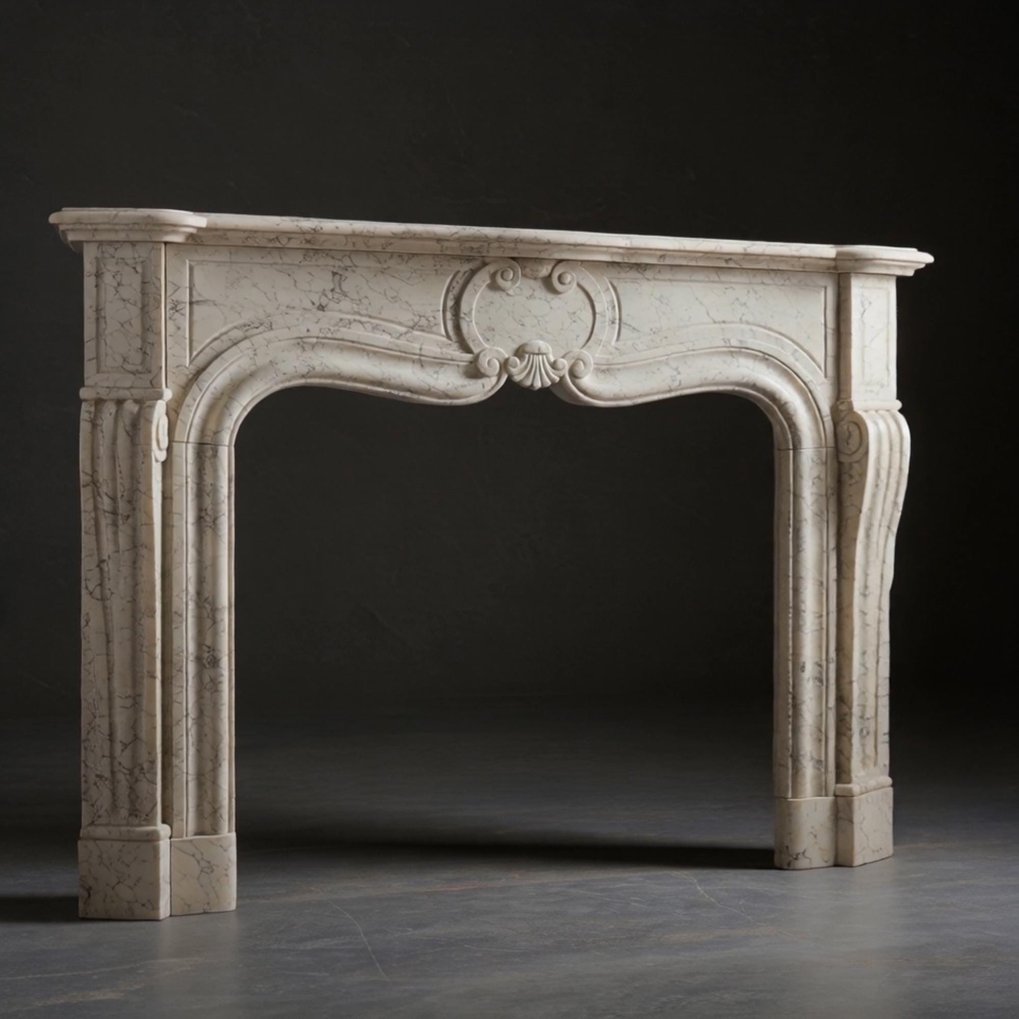 French Versailles-inspired marble mantel with classical ornamentation and intricate stone detailing