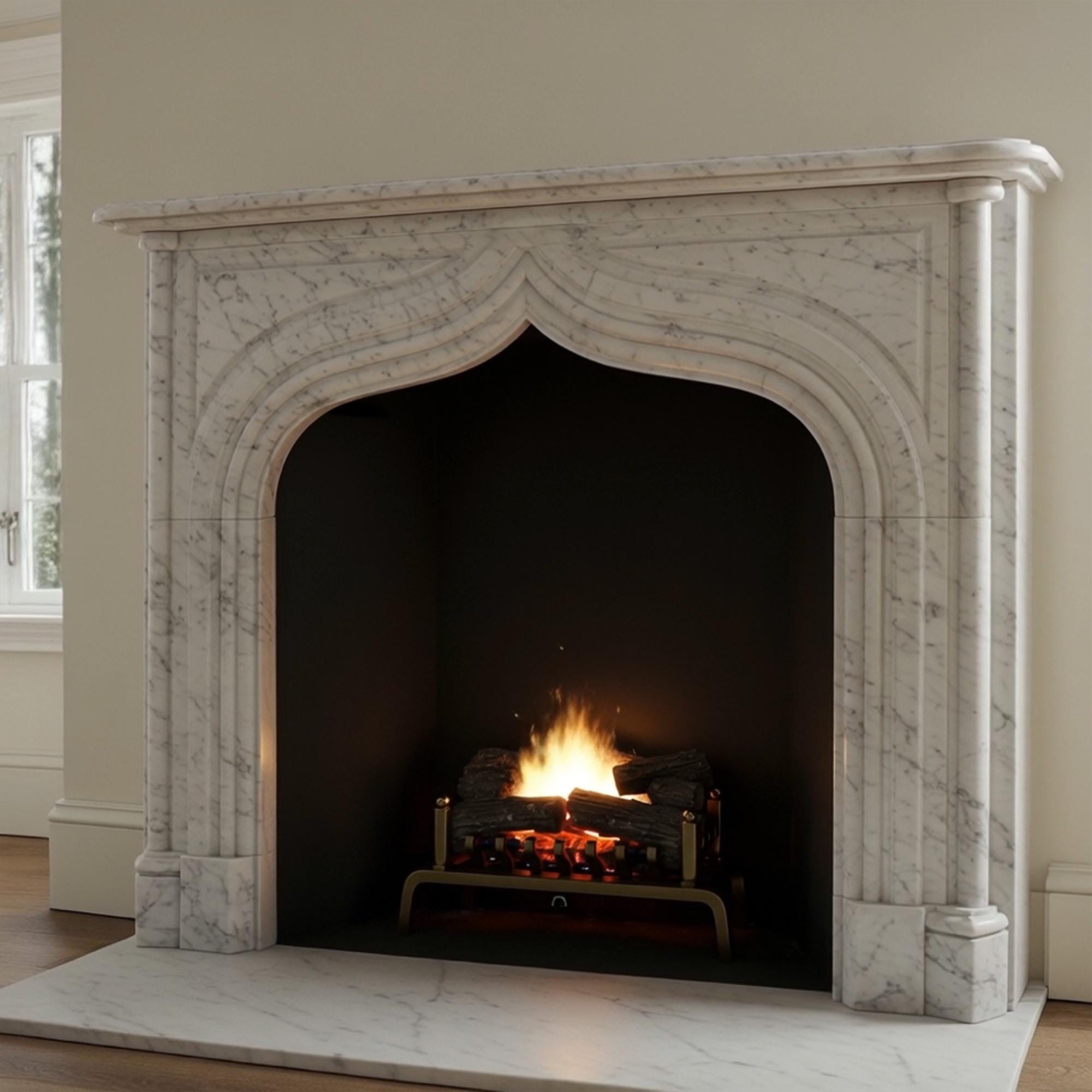 Hand-carved Gothic mantelpiece in white marble, showcasing a sculpted arch and refined detailing