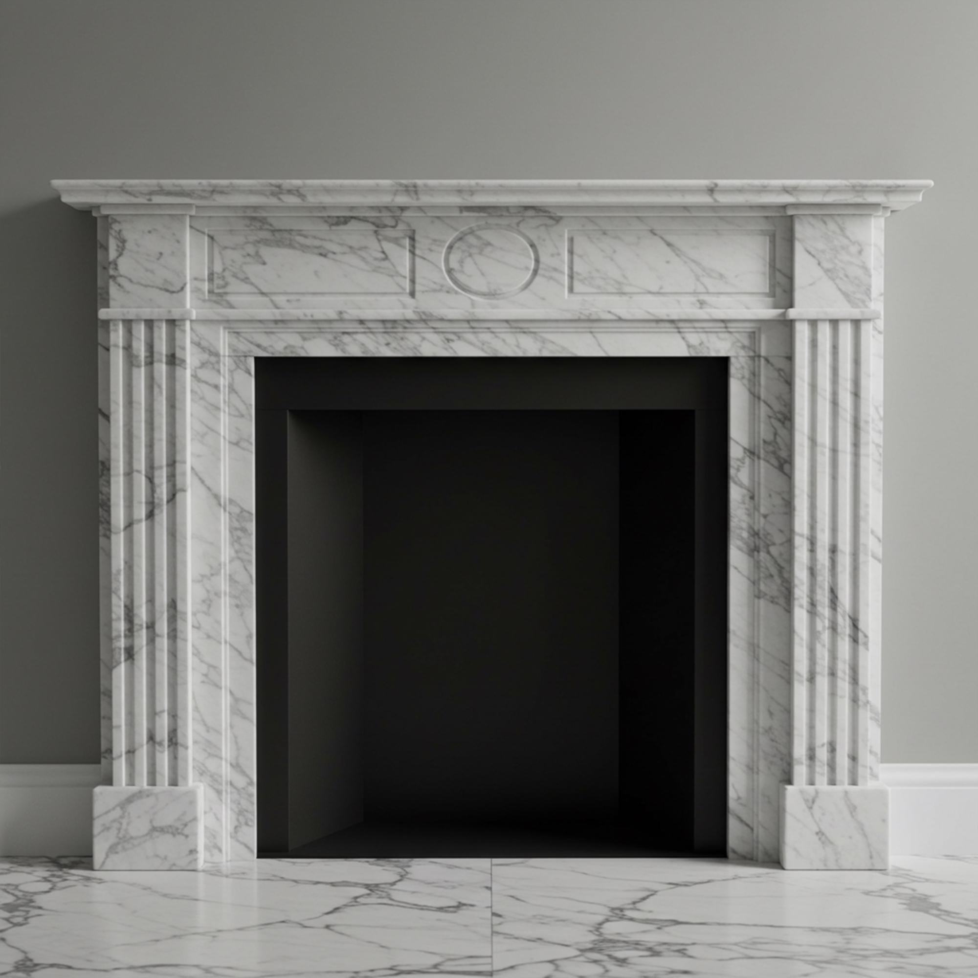 Traditional white marble fireplace with vertical fluting and geometric carved stonework in a stately design