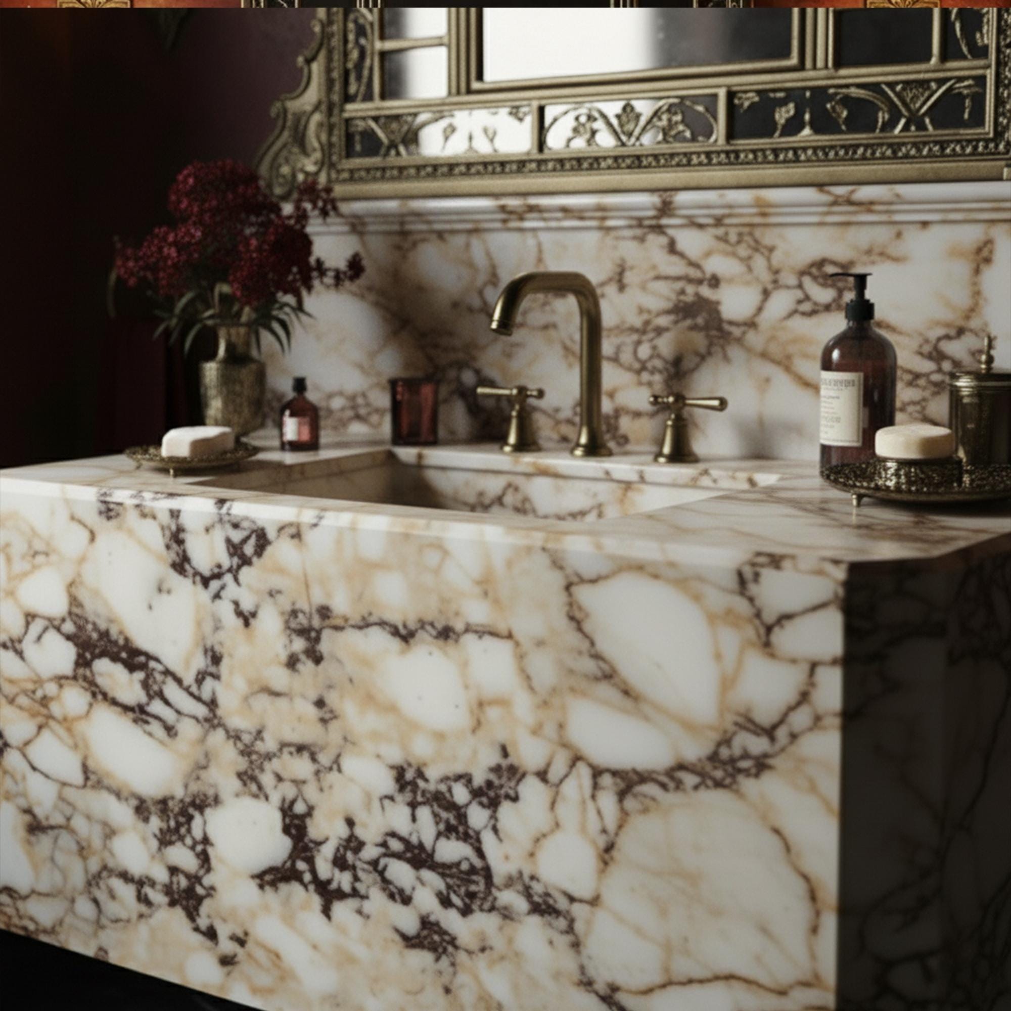 Hand-carved Calacatta Amber Viola stone sink with integrated marble backsplash and brass fixtures